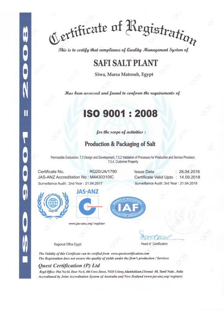 ISO 9001:2008 for Production & Packaging of Salt